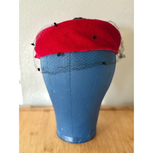 Vintage 1960s Red Velvet Pillbox Hat With Black Bows And Netting Details - Picture 1 of 4
